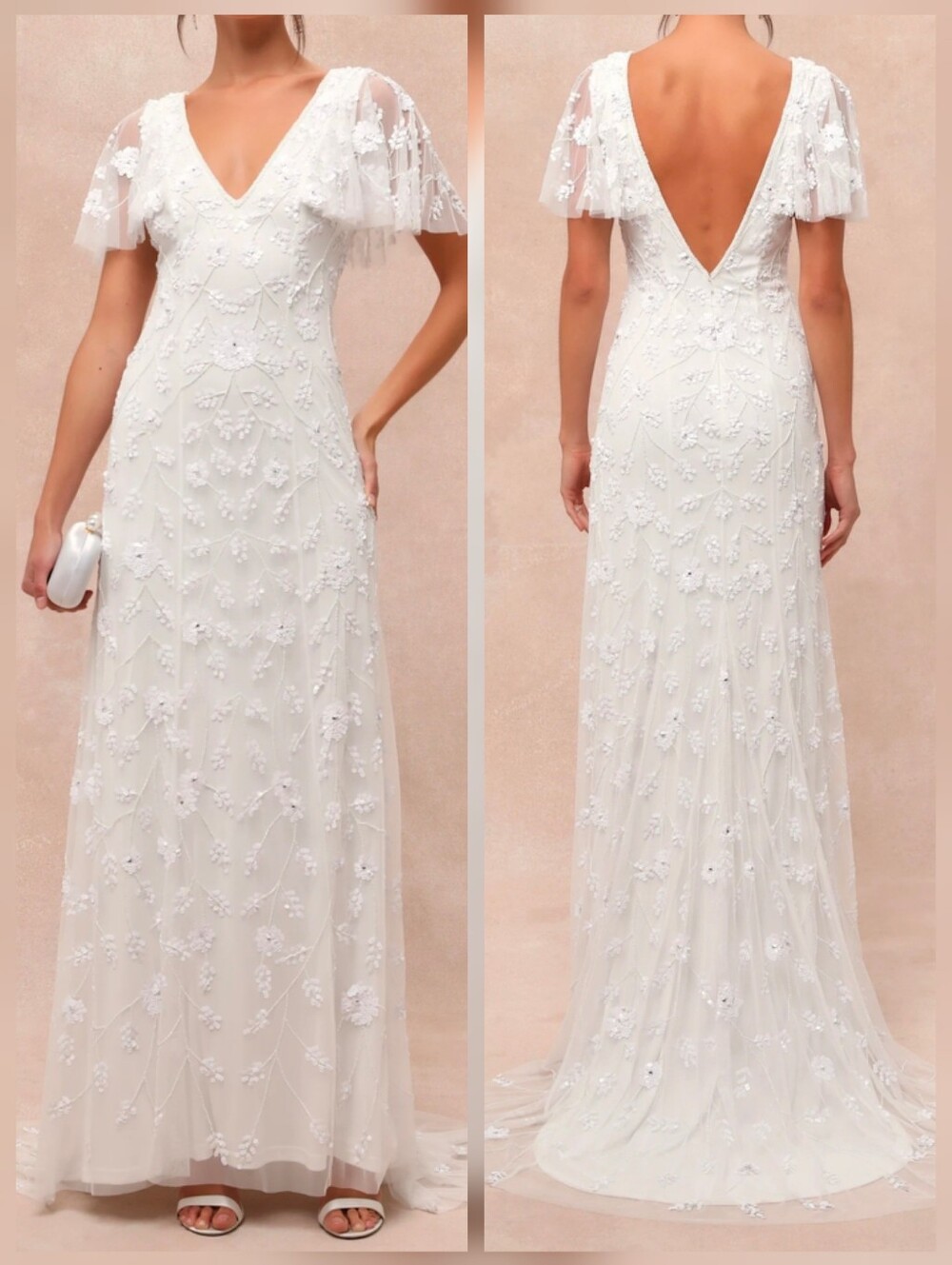 Lulus Safiya White Sequin Flutter Sleeve Maxi Dress Wedding Gown - Size Medium